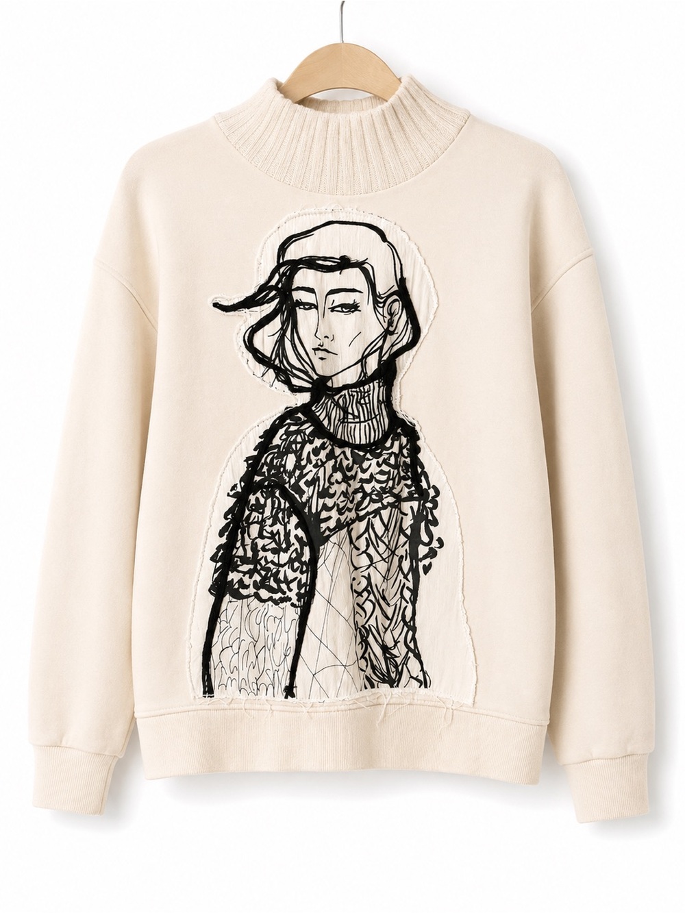 Zara Cream Mock-Neck Sweater with Black Sketch Graphic